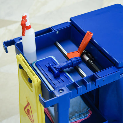 Janitor Cleaning Trolley with Bin, Shelves & Hooks - Blue