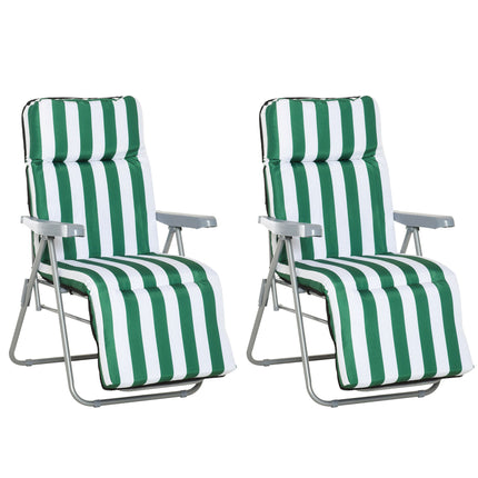 Set of 2 Folding Outdoor Garden Sun Recliner Loungers with Cushions - Green and White