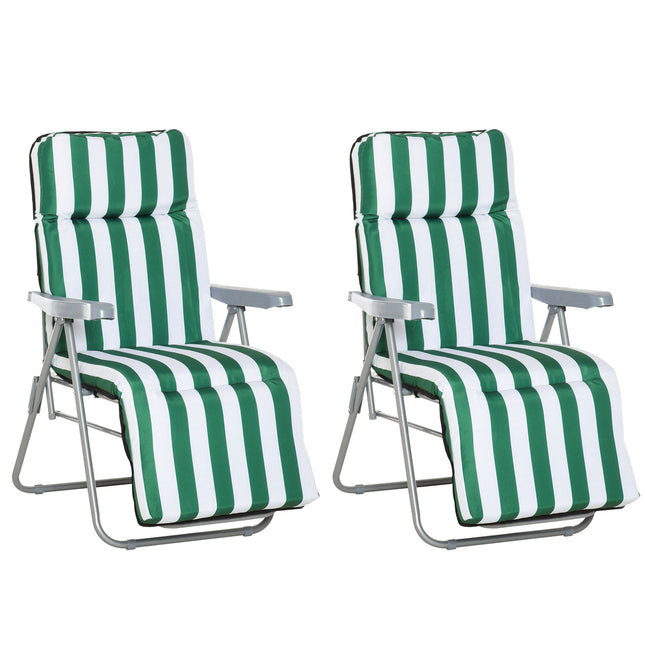 Set of 2 Folding Outdoor Garden Sun Recliner Loungers with Cushions - Green and White