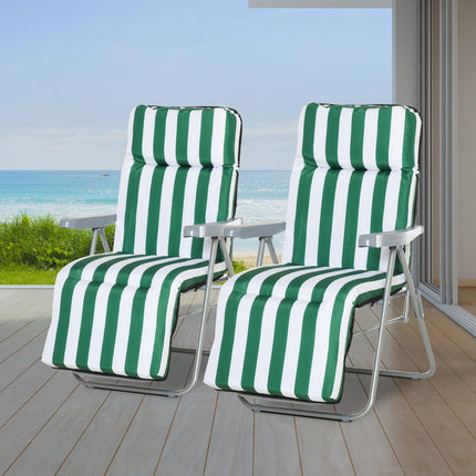 Set of 2 Folding Outdoor Garden Sun Recliner Loungers with Cushions - Green and White
