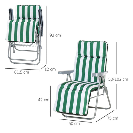 Set of 2 Folding Outdoor Garden Sun Recliner Loungers with Cushions - Green and White