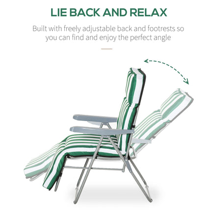 Set of 2 Folding Outdoor Garden Sun Recliner Loungers with Cushions - Green and White