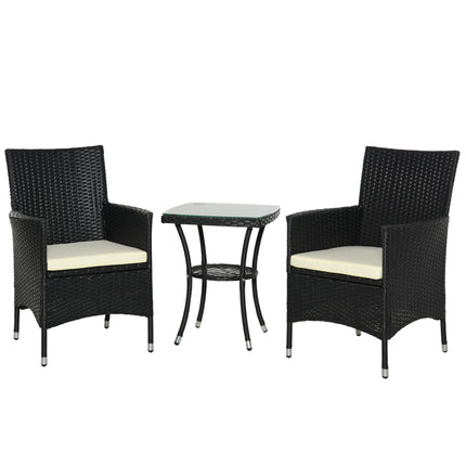 3 Piece Outdoor Rattan Bistro Set with Cushioned Seating - Black