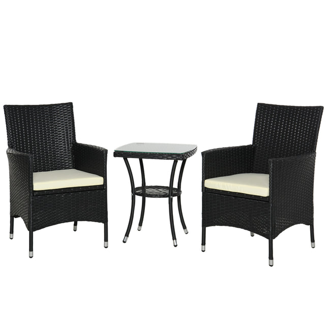 3 Piece Outdoor Rattan Bistro Set with Cushioned Seating - Black