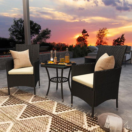 3 Piece Outdoor Rattan Bistro Set with Cushioned Seating - Black