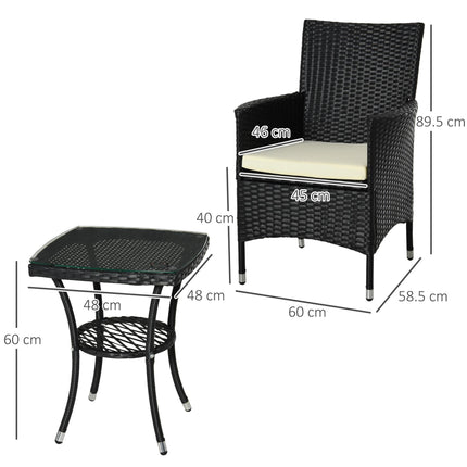 3 Piece Outdoor Rattan Bistro Set with Cushioned Seating - Black