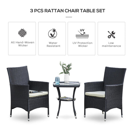 3 Piece Outdoor Rattan Bistro Set with Cushioned Seating - Black