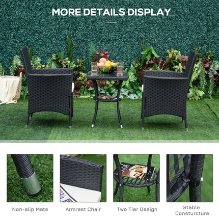 3 Piece Outdoor Rattan Bistro Set with Cushioned Seating - Black