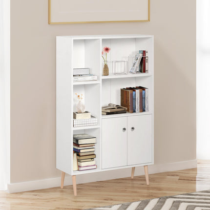 Open Bookcase Storage Cabinet with Two Doors and Shelves Unit - White