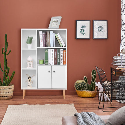 Open Bookcase Storage Cabinet with Two Doors and Shelves Unit - White
