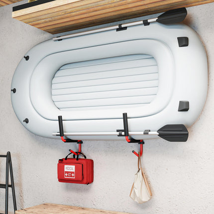 Heavy Duty Canoe Kayak Wall Mount Hanger with Paddle Hooks for Space Saving Storage - Red