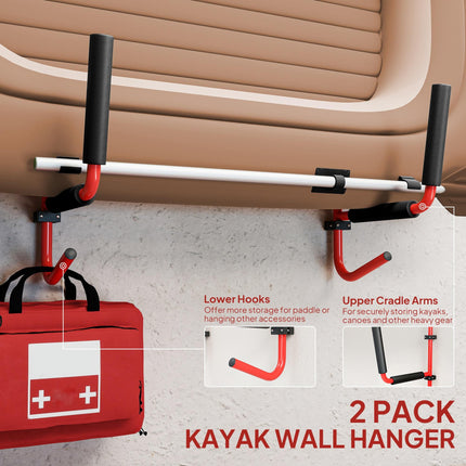 Heavy Duty Canoe Kayak Wall Mount Hanger with Paddle Hooks for Space Saving Storage - Red