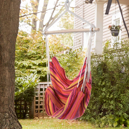 Outdoor Hanging Rope Chair with Cotton Fabric and Wooden Frame - Red