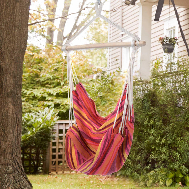 Outdoor Hanging Rope Chair with Cotton Fabric and Wooden Frame - Red