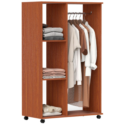 Open Wardrobe with Hanging Rail, Storage Shelves & Wheels - Walnut