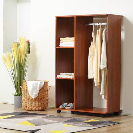 Open Wardrobe with Hanging Rail, Storage Shelves & Wheels - Walnut