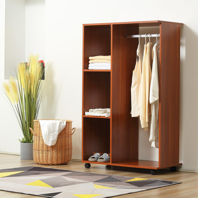 Open Wardrobe with Hanging Rail, Storage Shelves & Wheels - Walnut
