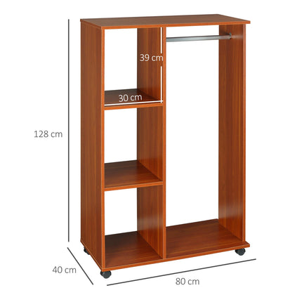 Open Wardrobe with Hanging Rail, Storage Shelves & Wheels - Walnut