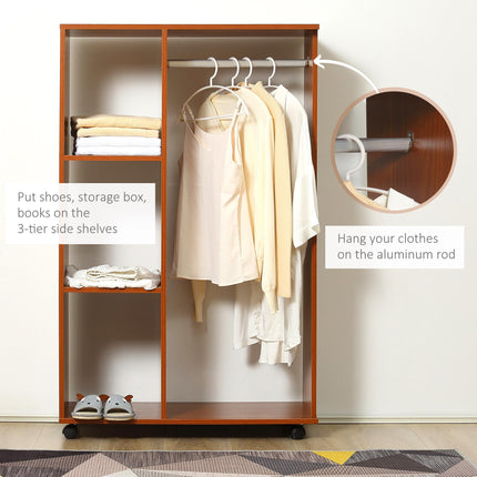 Open Wardrobe with Hanging Rail, Storage Shelves & Wheels - Walnut