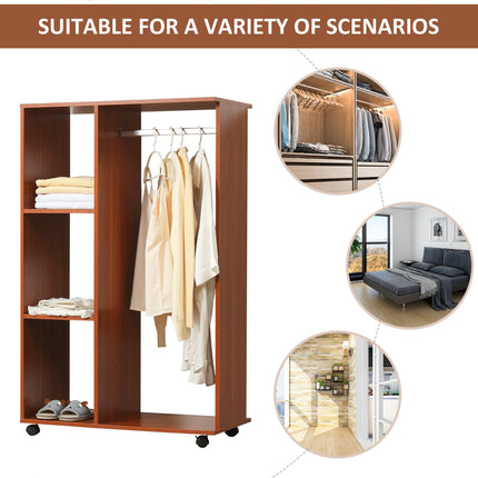 Open Wardrobe with Hanging Rail, Storage Shelves & Wheels - Walnut