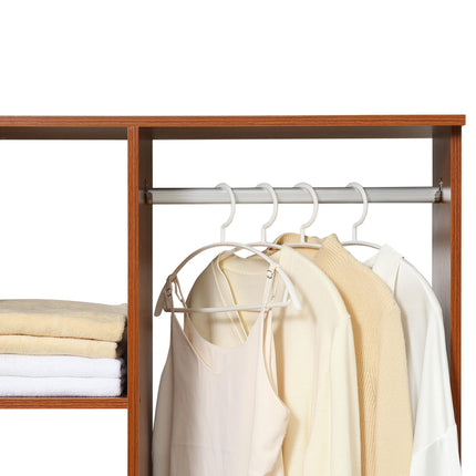 Open Wardrobe with Hanging Rail, Storage Shelves & Wheels - Walnut