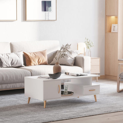 Modern Minimalism Coffee Table with Shelf & Drawer Storage for Living Room - White