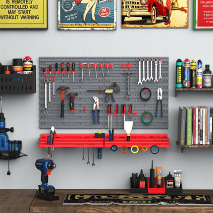 54 Pc On-Wall Tool Organizer with 50 Pegs & 2 Shelves for Garage DIY - Grey and Red