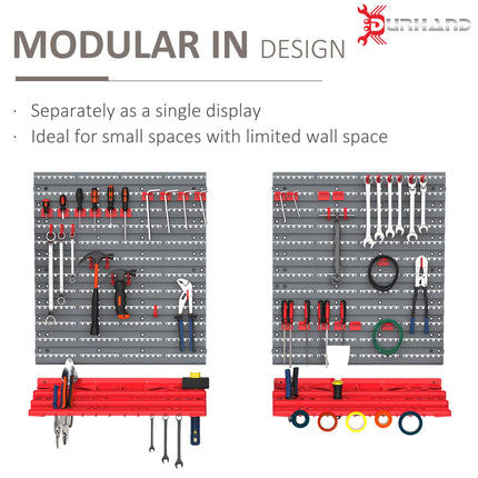 54 Pc On-Wall Tool Organizer with 50 Pegs & 2 Shelves for Garage DIY - Grey and Red