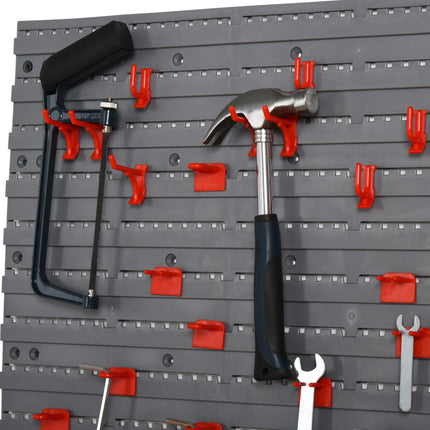 54 Pc On-Wall Tool Organizer with 50 Pegs & 2 Shelves for Garage DIY - Grey and Red