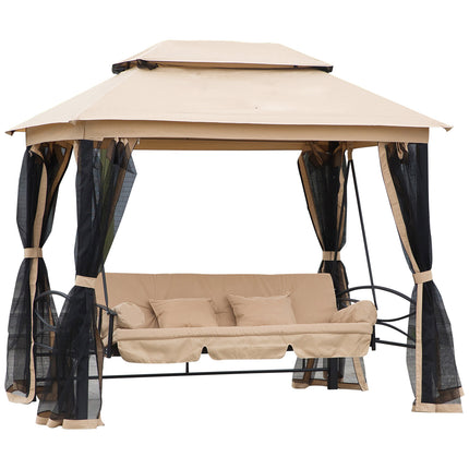3 Seater 3-in-1 Convertible Swing Chair Hammock Bed with Double Tier Canopy and Cushioned Seat - Beige
