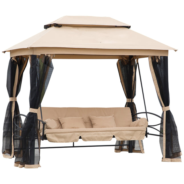 3 Seater 3-in-1 Convertible Swing Chair Hammock Bed with Double Tier Canopy and Cushioned Seat - Beige