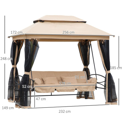 3 Seater 3-in-1 Convertible Swing Chair Hammock Bed with Double Tier Canopy and Cushioned Seat - Beige