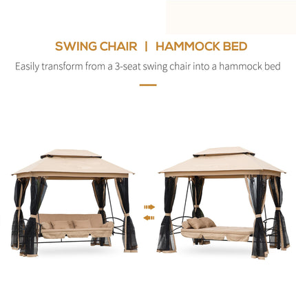 3 Seater 3-in-1 Convertible Swing Chair Hammock Bed with Double Tier Canopy and Cushioned Seat - Beige