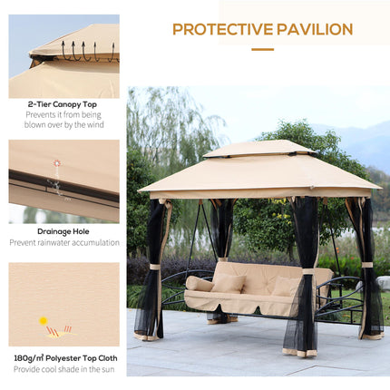 3 Seater 3-in-1 Convertible Swing Chair Hammock Bed with Double Tier Canopy and Cushioned Seat - Beige