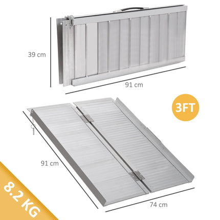 3ft Folding Aluminum Wheelchair Ramp Portable Mobility Scooter Access Aid 270kg Capacity - Silver