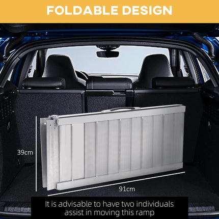 3ft Folding Aluminum Wheelchair Ramp Portable Mobility Scooter Access Aid 270kg Capacity - Silver