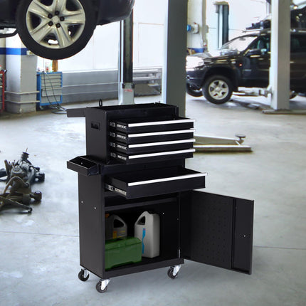 2 in 1 Metal Tool Chest Cabinet with 5 Drawers, Pegboard & Wheels 60x28x104.5cm - Black