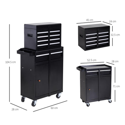 2 in 1 Metal Tool Chest Cabinet with 5 Drawers, Pegboard & Wheels 60x28x104.5cm - Black