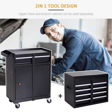 2 in 1 Metal Tool Chest Cabinet with 5 Drawers, Pegboard & Wheels 60x28x104.5cm - Black