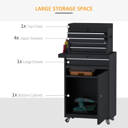 2 in 1 Metal Tool Chest Cabinet with 5 Drawers, Pegboard & Wheels 60x28x104.5cm - Black