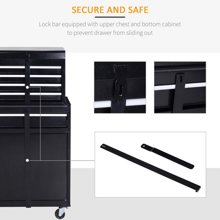 2 in 1 Metal Tool Chest Cabinet with 5 Drawers, Pegboard & Wheels 60x28x104.5cm - Black