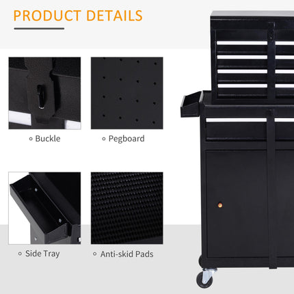 2 in 1 Metal Tool Chest Cabinet with 5 Drawers, Pegboard & Wheels 60x28x104.5cm - Black