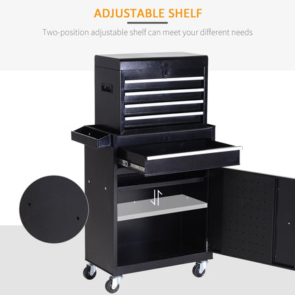 2 in 1 Metal Tool Chest Cabinet with 5 Drawers, Pegboard & Wheels 60x28x104.5cm - Black