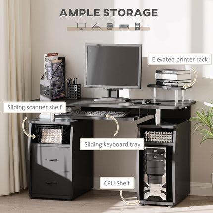 Computer Desk Office Workstation with Keyboard Tray, CPU Shelf, Drawers & Sliding Scanner Shelf - Black