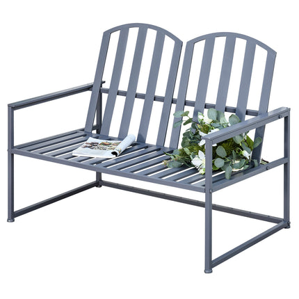 2 Seater Steel Frame Garden Bench with Slatted Design - Grey
