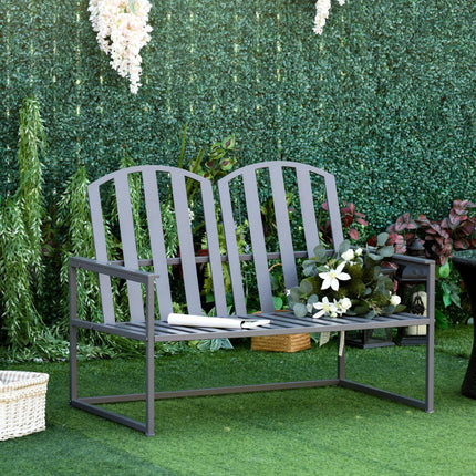 2 Seater Steel Frame Garden Bench with Slatted Design - Grey