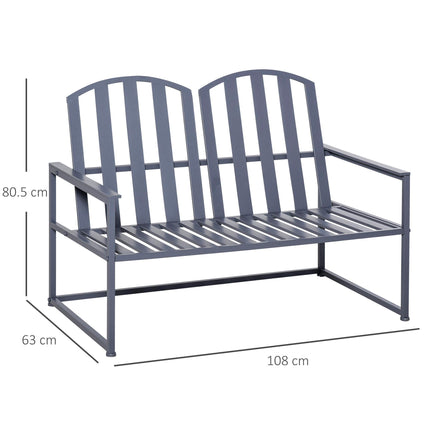 2 Seater Steel Frame Garden Bench with Slatted Design - Grey