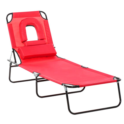 Foldable Outdoor Sun Lounger with Adjustable Backrest, Pillow & Reading Hole - Red