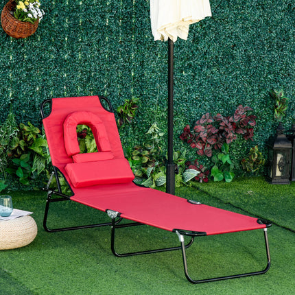 Foldable Outdoor Sun Lounger with Adjustable Backrest, Pillow & Reading Hole - Red