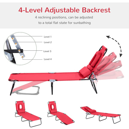 Foldable Outdoor Sun Lounger with Adjustable Backrest, Pillow & Reading Hole - Red